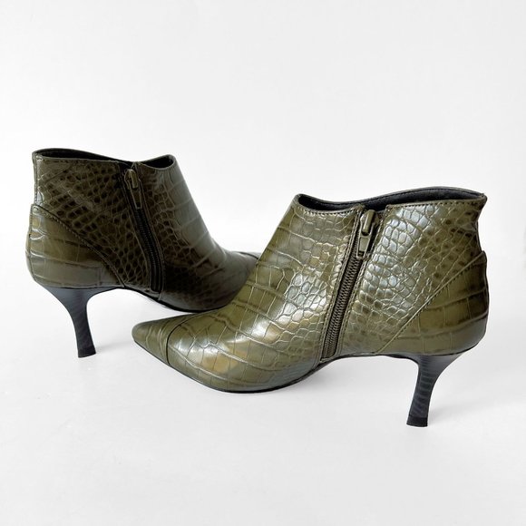 Zara Croc Print Embossed Heeled Olive Green Ankle Boot Booties, Sz EU 37 US 6.5 - Picture 6 of 15